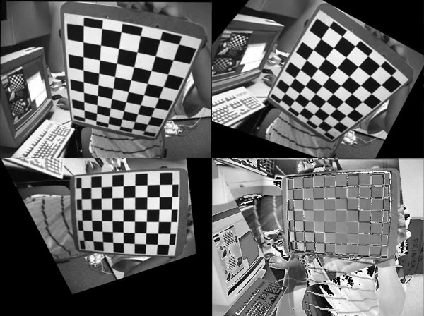 The first three images show the source image warped at three different interpolated camera viewpoints. The 4th image shows the "error image" between the warped source image at the final camera viewpoint and the desired image.